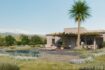 Außenansicht Neubau-Finca Artà mit Pool, Natursteinmauern, Palme und mediterranem Garten