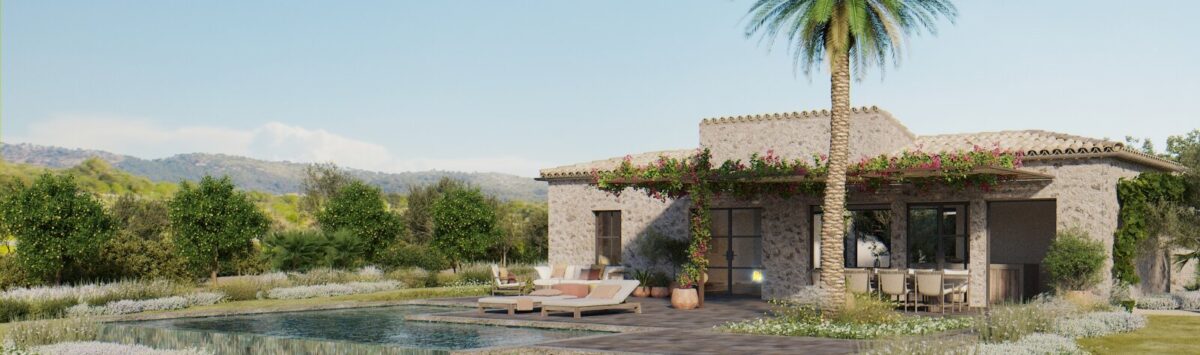 Außenansicht Neubau-Finca Artà mit Pool, Natursteinmauern, Palme und mediterranem Garten