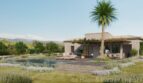 Außenansicht Neubau-Finca Artà mit Pool, Natursteinmauern, Palme und mediterranem Garten