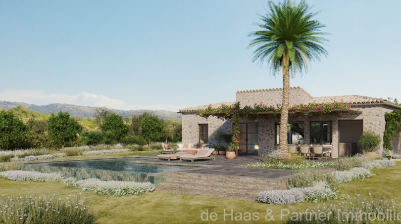 Außenansicht Neubau-Finca Artà mit Pool, Natursteinmauern, Palme und mediterranem Garten