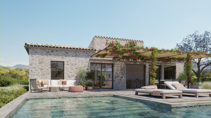 Finca Artà: Natursteinvilla mit Pool, Pergola und Bougainvillea im mediterranen Stil