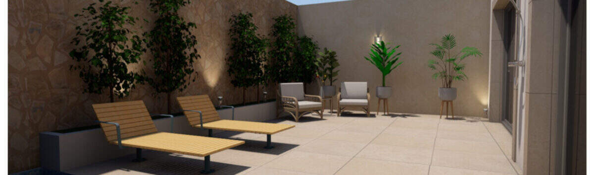 Terraza con piscina, tumbonas, zona de descanso y zonas ajardinadas en el proyecto de construcción de S'Alqueria Blanca