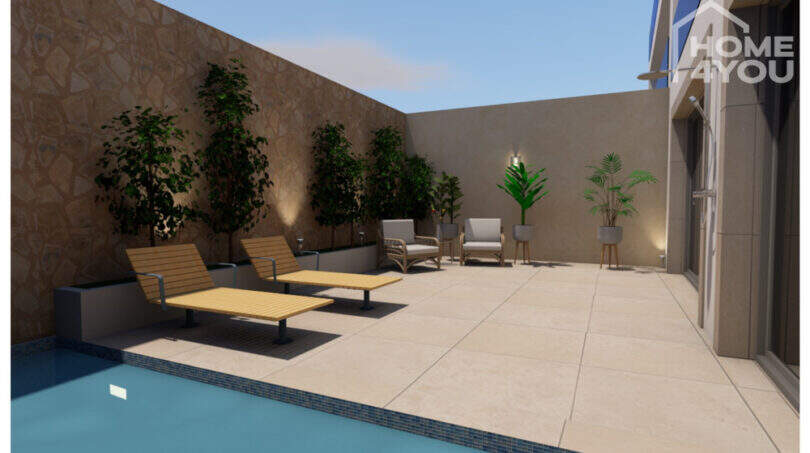 Terraza con piscina, tumbonas, zona de descanso y zonas ajardinadas en el proyecto de construcción de S'Alqueria Blanca