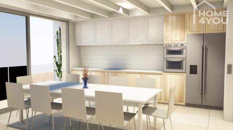 Moderne Küche mit Holzfronten, Einbaugeräten und angrenzendem Essbereich, Bauprojekt S'Alqueria Blanca