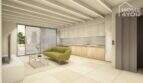 Offener Wohn-Küchenbereich mit Holzküche, Exposed-Beam-Decke, grünem Sofa und Aufzug in S'Alqueria Blanca