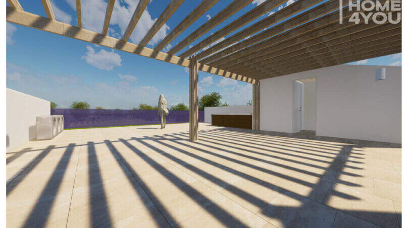 Geräumige Terrasse mit Holzpergola und Skulptur, Bauprojekt S'Alqueria Blanca, 444 m²