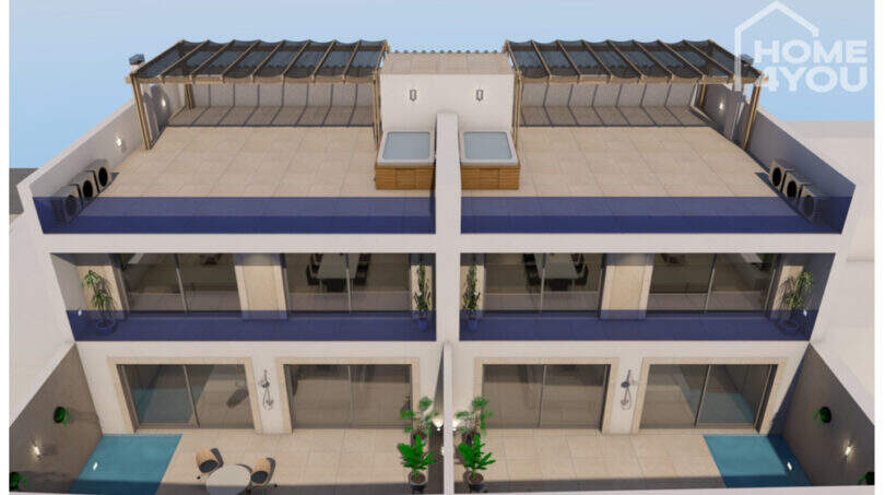 3D-Rendering Neubau S'Alqueria Blanca: Doppelhaus mit Pool, Dachterrasse, Pergola und modernen Balkonen.