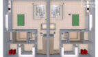 3D-Grundriss Untergeschoss mit Poolraum, Badezimmern und Technikraum des Doppelhausprojekts in S'Alqueria Blanca