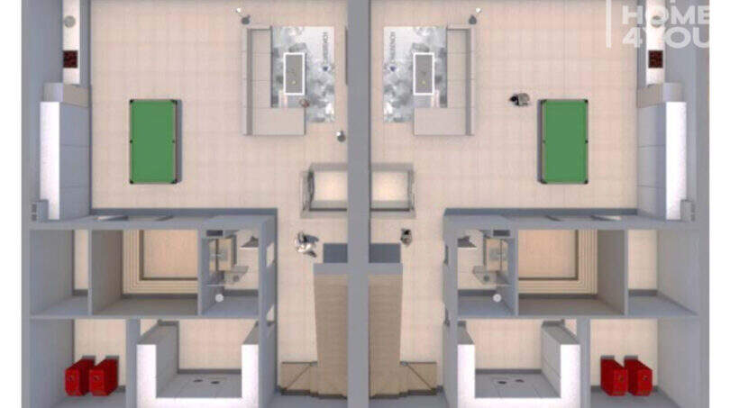 3D-Grundriss Untergeschoss mit Poolraum, Badezimmern und Technikraum des Doppelhausprojekts in S'Alqueria Blanca