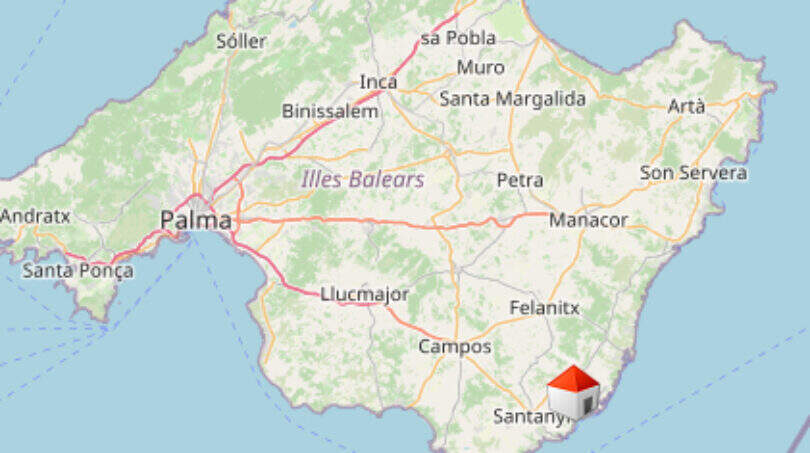 Karte von Mallorca mit markierter Lage des Grundstücks bei S'Alqueria Blanca nahe Santanyí im Südosten.