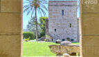 Blick durch Steinmauer auf historischen Finca-Turm mit Palme und gepflegtem Gartenbereich, Colònia de Sant Jordi