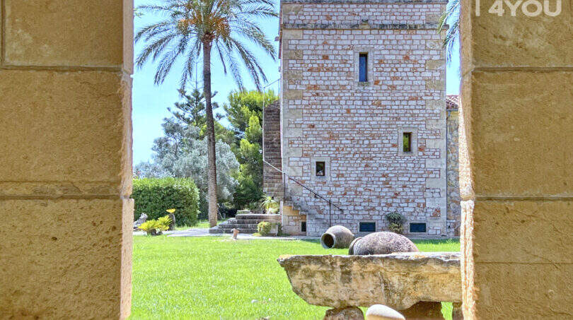 Blick durch Steinmauer auf historischen Finca-Turm mit Palme und gepflegtem Gartenbereich, Colònia de Sant Jordi
