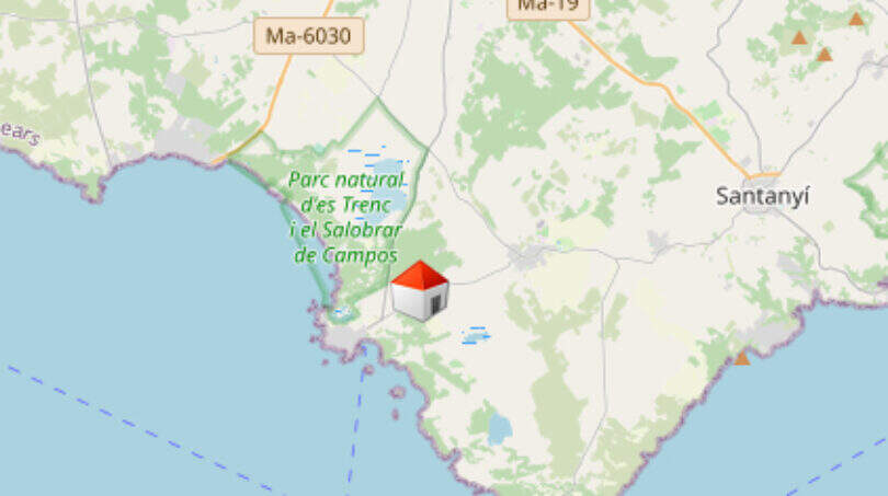Karte zeigt Lage der Finca bei Colònia de Sant Jordi, Mallorca, nahe Naturpark Es Trenc.