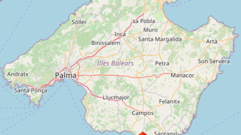 Karte von Mallorca mit Standortmarkierung der Finca bei Colònia de Sant Jordi im Südosten der Insel.