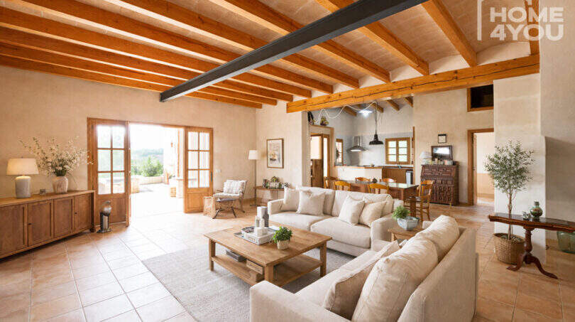 Helles Wohnzimmer der Finca in Ses Salines mit Holzbalkendecke, Natursteinwänden und offenem Küchenbereich.