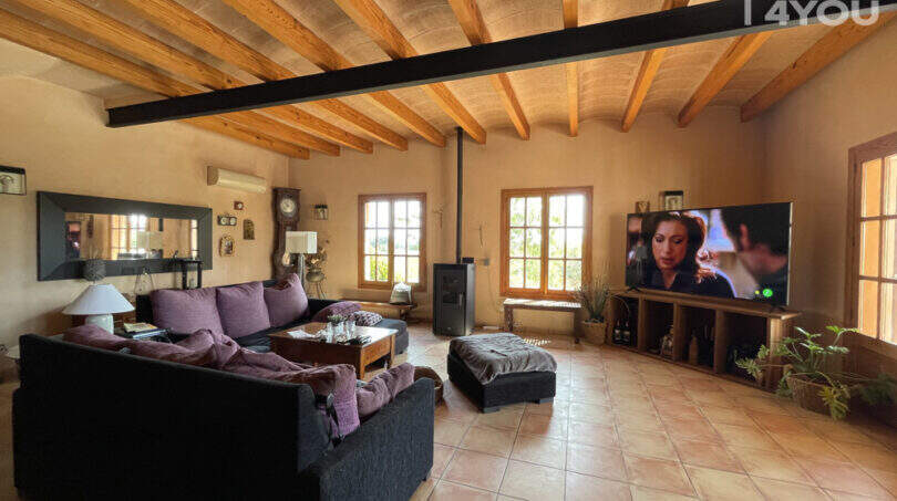 Wohnzimmer der Finca in Ses Salines mit Holzbalkendecke, dunklem Sofa, Kaminofen und großem TV.