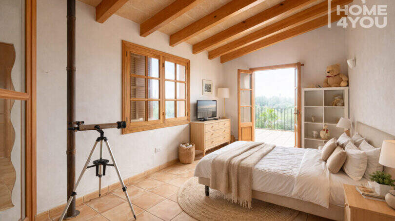 Helles Schlafzimmer der Finca in Ses Salines mit Holzbalkendecke, Terrassenzugang und mediterranem Stil.