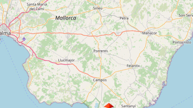 Karte von Mallorca mit Standortmarkierung der Finca bei Ses Salines im südlichen Teil der Insel.