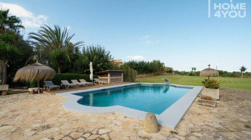 Großer Außenpool mit Natursteintetrasse, Liegestühlen und Palmengarten der mediterranen Finca in Santa Margalida