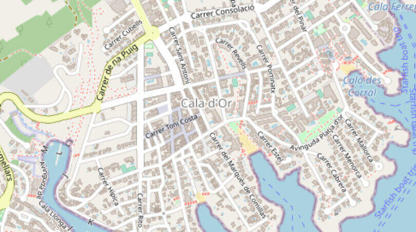 Stadtplan von Cala d'Or, Santanyí, mit Straßennetz, Küstenlinie und nahegelegener Cala Ferrera.