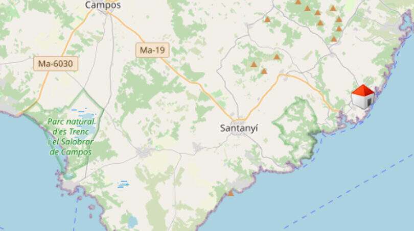 Karte der Region Santanyí auf Mallorca mit Markierung des Penthouse-Standorts in Cala d'Or an der Küste.