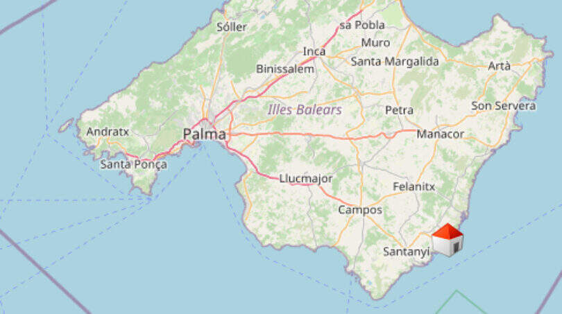 Karte von Mallorca mit markierter Lage des Penthouses in Santanyí, nahe Cala d'Or im Südosten der Insel.