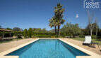 Rechteckiger Pool mit Natursteinumrandung, Palmen und Bergblick der Finca in Lloseta