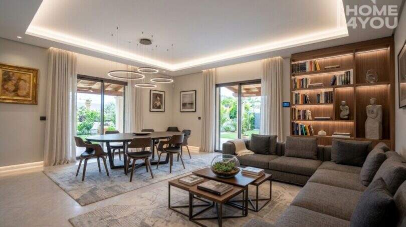 Lichtdurchflutetes Wohn-Esszimmer mit Ringlampen, grauem Sofa, Bücherregal und Gartenblick, Finca Lloseta