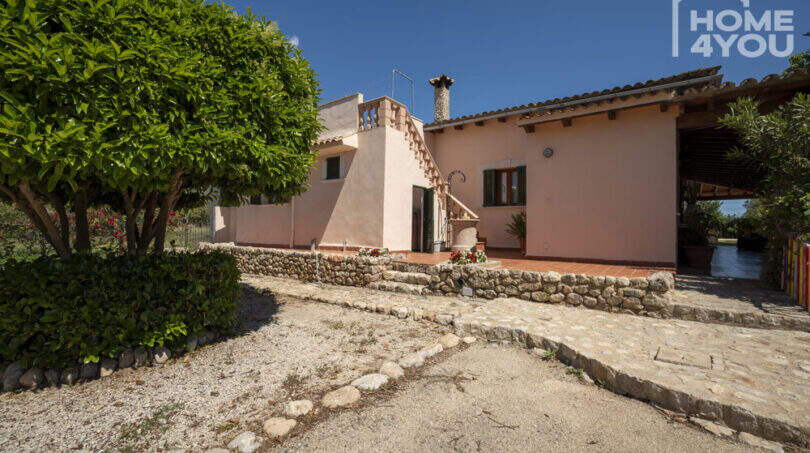 Außenansicht der mediterranen Finca in Lloseta mit Natursteinmauer, Kieselweg und üppigem Grün.