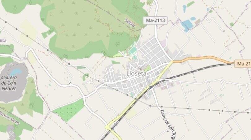 Stadtplan von Lloseta, Mallorca, mit umliegenden Ortschaften Biniamar und Selva sowie Straßen Ma-2113 und Ma-2111.