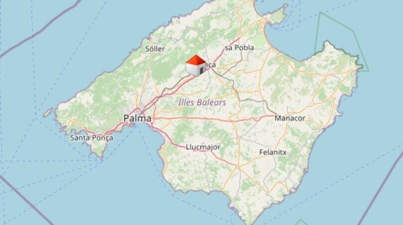 Karte von Mallorca mit markierter Lage der Finca in Lloseta, zentral zwischen Palma und sa Pobla.