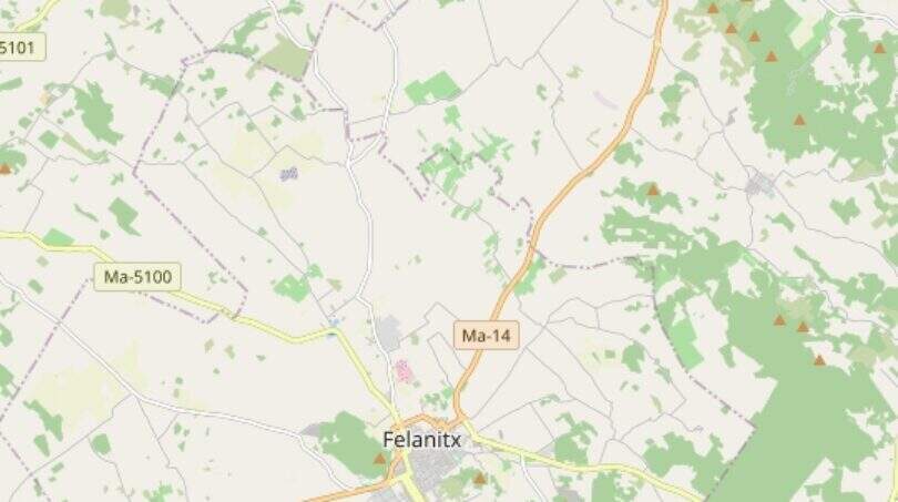 Straßenkarte der Region Felanitx, Mallorca, mit umliegenden Ortschaften Manacor und Vilafranca de Bonany.