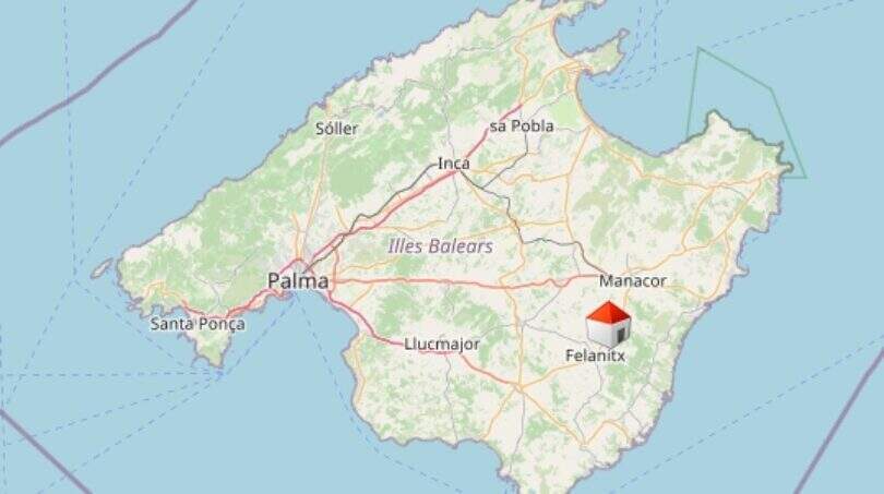 Karte von Mallorca mit markierter Lage der Finca bei Felanitx im südöstlichen Inselbereich.