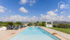 Panorama pool with loungers and canopy bed, Mediterranean garden with mountain view, finca Sa Pobla