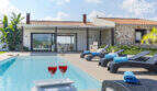 Outdoor pool with sun loungers and red wine glasses, Mediterranean finca with stone house and terrace area in Sa Pobla