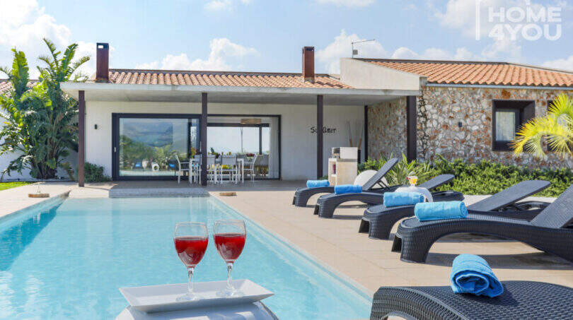 Outdoor pool with sun loungers and red wine glasses, Mediterranean finca with stone house and terrace area in Sa Pobla