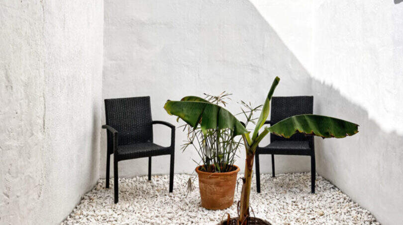 Mediterraner Innenpatio mit weißen Kalksteinwänden, Kieselsteinen und tropischen Pflanzen im Ibiza-Stil