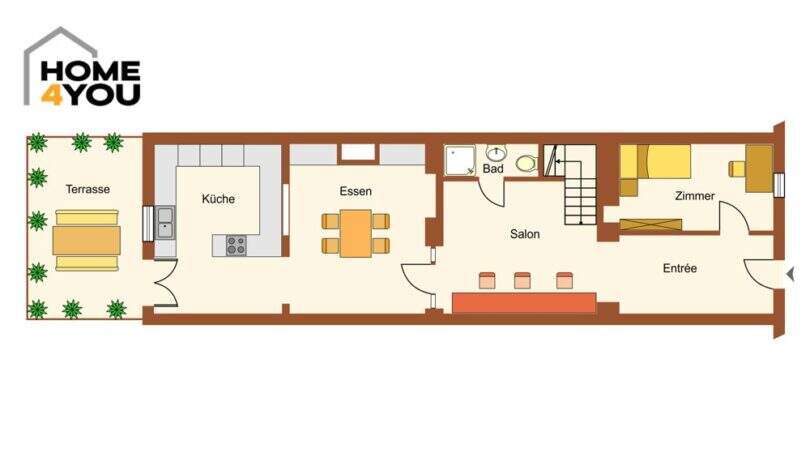 Grundriss: Stadthaus mit Terrasse, Küche, Essbereich, Salon, Bad, Zimmer und Entrée – 200 m², Ibiza-Stil, Felanitx.