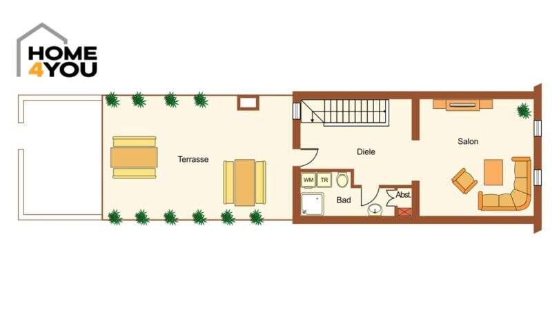 Grundriss Erdgeschoss: Terrasse, Diele, Salon, Bad mit WM, Abstellraum – modernes Stadthaus in Felanitx
