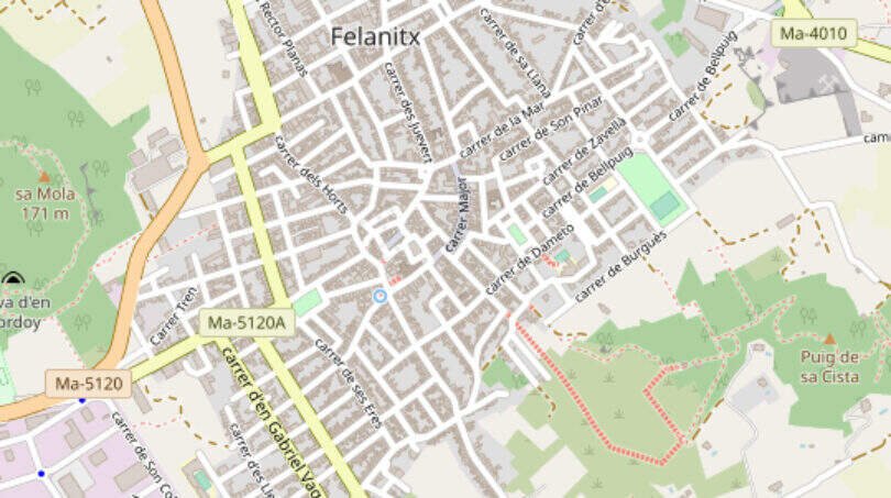 Stadtplan von Felanitx, Mallorca – Lage des modernen Stadthauses im Ibiza-Stil mit Patio und Dachterrasse.