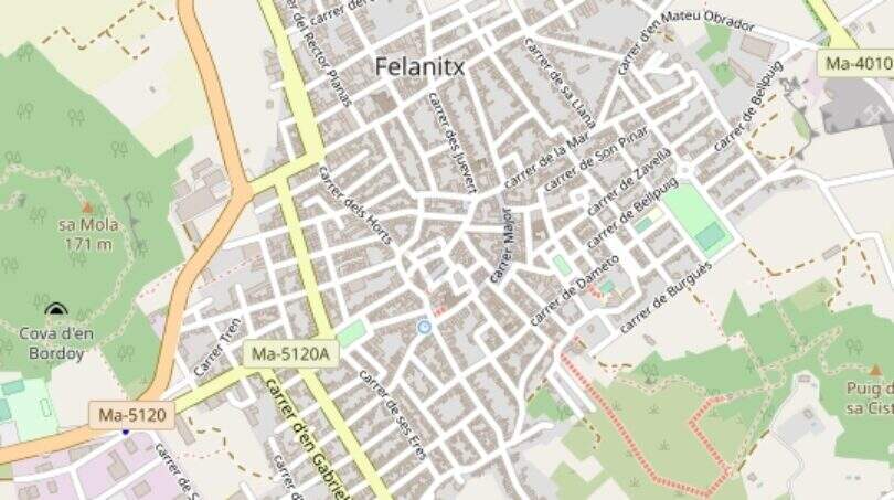 Stadtplan von Felanitx, Mallorca, mit zentraler Lage des Geschäftslokals direkt am Rathaus.