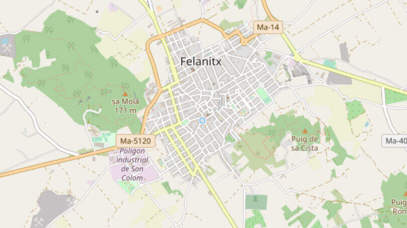 City map of Felanitx, Mallorca, with street network, Son Colom industrial area and surrounding hills.