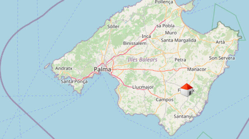 Map of Mallorca with marking in Felanitx, location of the multi-family house in the southeast of the island.