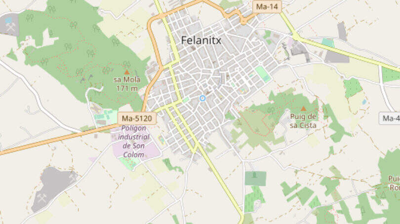Mapa de la ciudad de Felanitx, Mallorca, con ubicación céntrica de la casa de pueblo de nueva construcción cerca de la Ma-14.