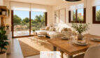 Helles Wohn-Esszimmer des Penthouses in Canyamel mit großen Fenstern, Naturmaterialien und Meerblick-Terrasse.