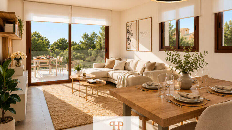 Helles Wohn-Esszimmer des Penthouses in Canyamel mit großen Fenstern, Naturmaterialien und Meerblick-Terrasse.