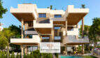Modernes Penthouse-Gebäude in Canyamel mit großzügigen Balkonen, Holzdecken, Pool und Dachterrasse nahe Strand und Meer.