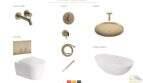 Selección de accesorios de baño de alta calidad en dorado: grifería, ducha, ducha de efecto lluvia, inodoro y bañera independiente para la finca de Artà.