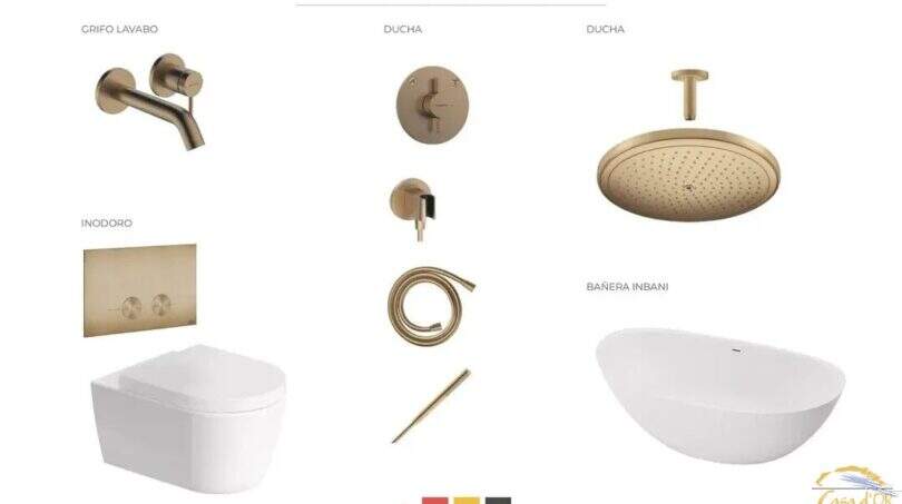 Selección de accesorios de baño de alta calidad en dorado: grifería, ducha, ducha de efecto lluvia, inodoro y bañera independiente para la finca de Artà.