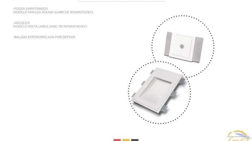 Plano de iluminación de la finca en Artà: focos empotrados Miniled Round y apliques Volta Large de Novantadieci.